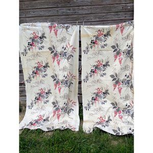 Vintage 1940s Salvaged Barkcloth Curtain Fabric Panels Floral Pagoda Houses